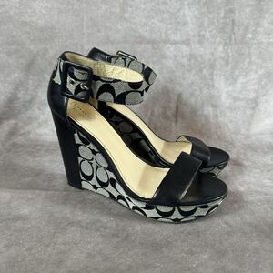 Coach Jerri Black Signature Fabric/Leather Ankle Strap Platform Wedge Sandal 10B